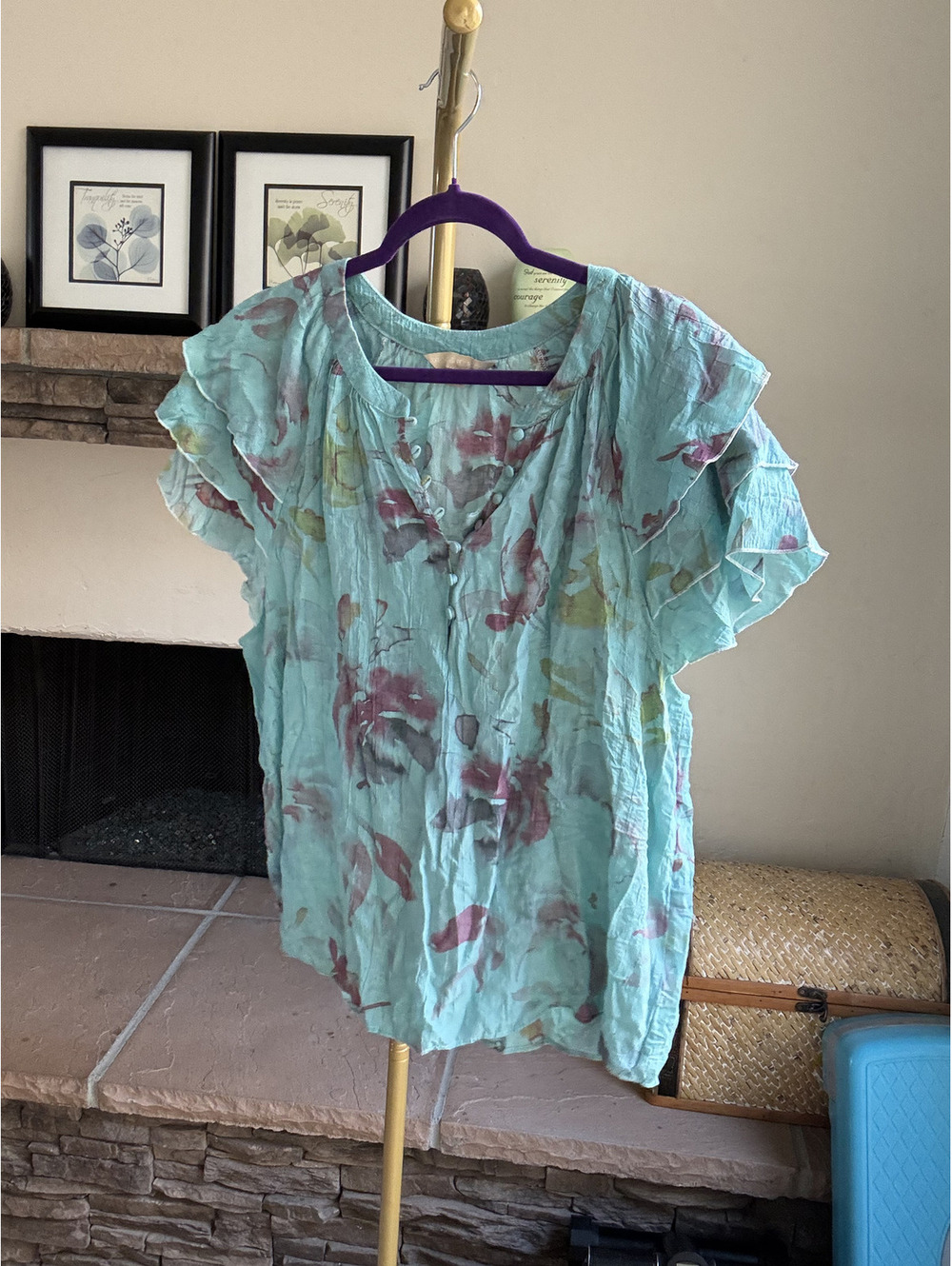 Hope and Harlow Teal-green floral ruffle boho top Size XL